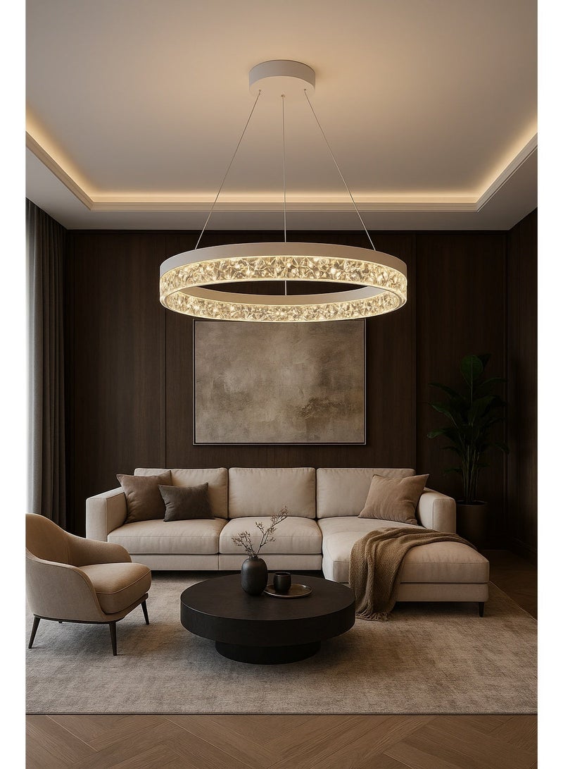 AL THURAYAT Modern and elegant LED chandelier with  design. The chandelier LED 50 cm is made of white ring with crystal edges that hang from thin wires to give the place a magical light. - Image 4
