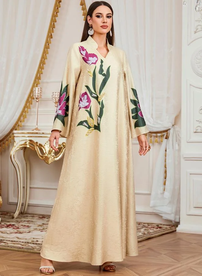تايك تو Beige Floral Print Pearls Embellished Maxi Jalabiya