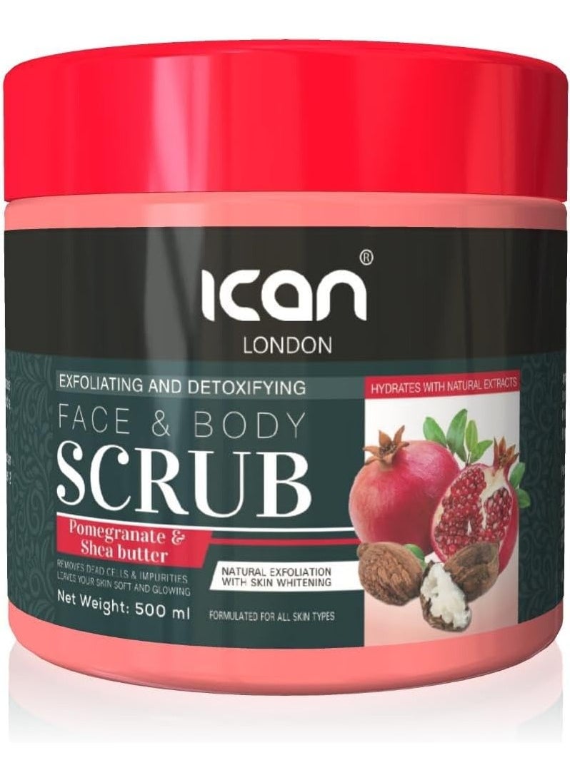 iCan London ICan London Pomegranate and Shea Butter Face and Body Scrub, Exfoliating, 500ml 