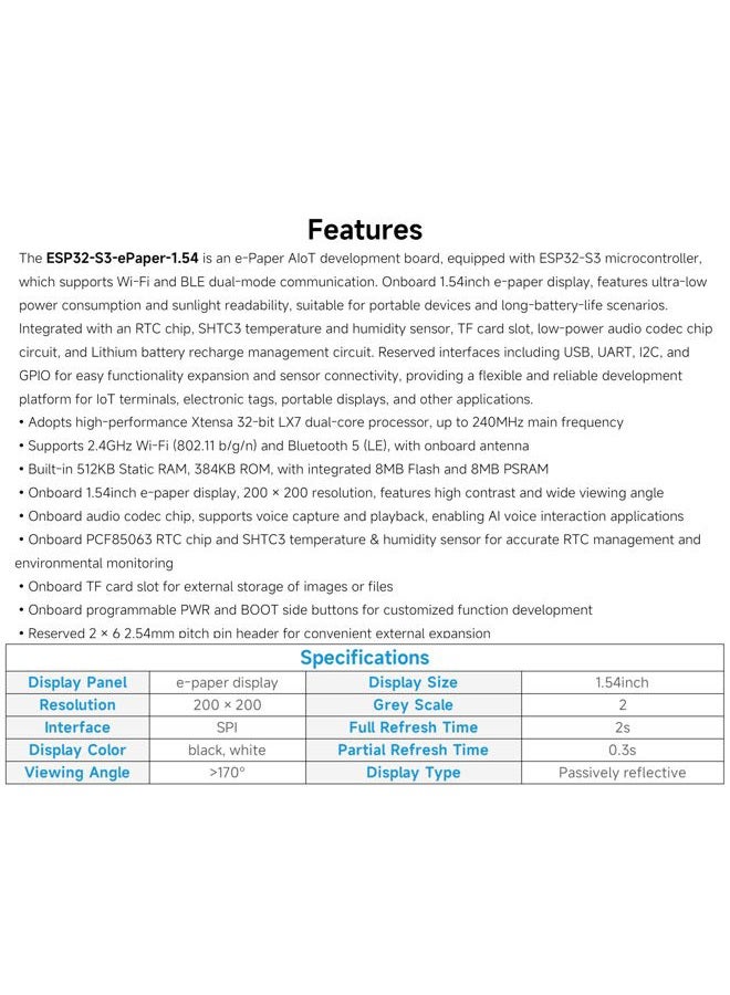 UeeKKoo ESP32-S3 1.54inch e-Paper AIoT Development Board, 200 x 200, Black/White, Supports AI Speech Interaction, DIY Creative Function, etc. Supports Wi-Fi and BLE Dual-Mode Communication - Image 4