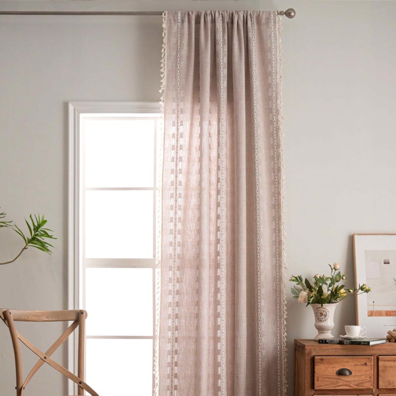 Deeprove Boho Curtain 63 inches Length for Living Room Bedroom Nursery, Retro Bohemian Coffee Linen Sheer 63 inches Long Tassel Stripe Embroidery Privacy Window Treatment W52 x L63, 1 Panel Natural - Image 4