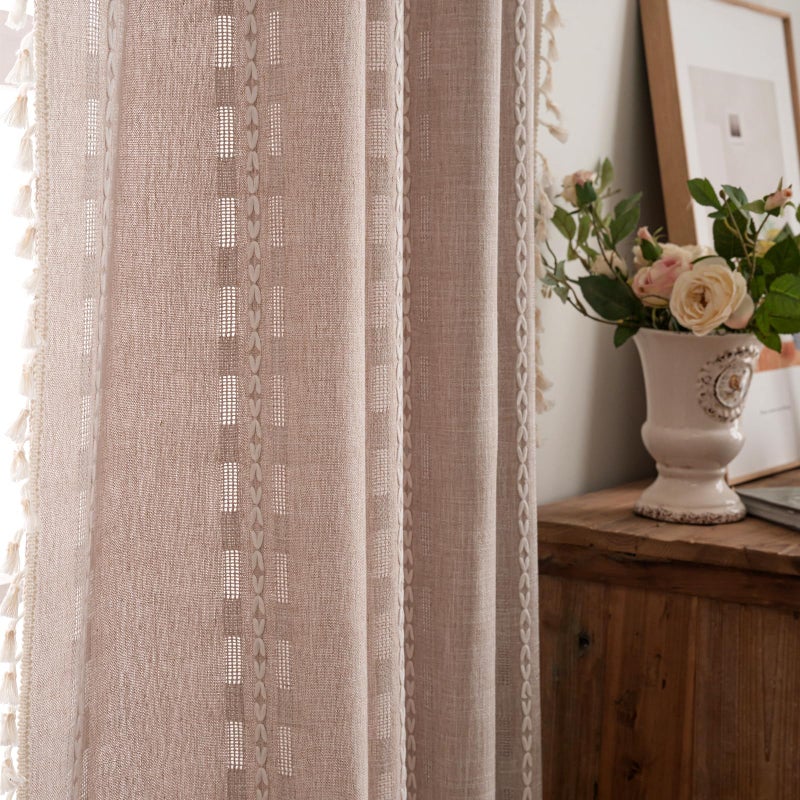Deeprove Boho Curtain 63 inches Length for Living Room Bedroom Nursery, Retro Bohemian Coffee Linen Sheer 63 inches Long Tassel Stripe Embroidery Privacy Window Treatment W52 x L63, 1 Panel Natural - Image 1