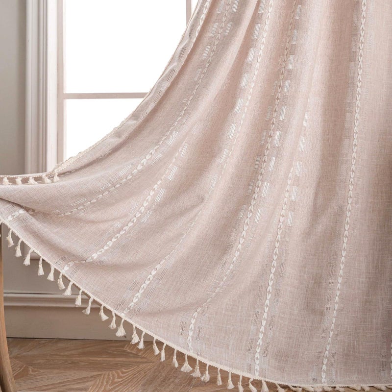 Deeprove Boho Curtain 63 inches Length for Living Room Bedroom Nursery, Retro Bohemian Coffee Linen Sheer 63 inches Long Tassel Stripe Embroidery Privacy Window Treatment W52 x L63, 1 Panel Natural - Image 5