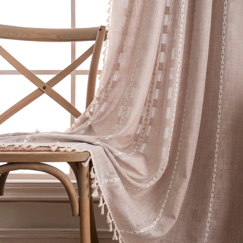Deeprove Boho Curtain 63 inches Length for Living Room Bedroom Nursery, Retro Bohemian Coffee Linen Sheer 63 inches Long Tassel Stripe Embroidery Privacy Window Treatment W52 x L63, 1 Panel Natural - Image 2