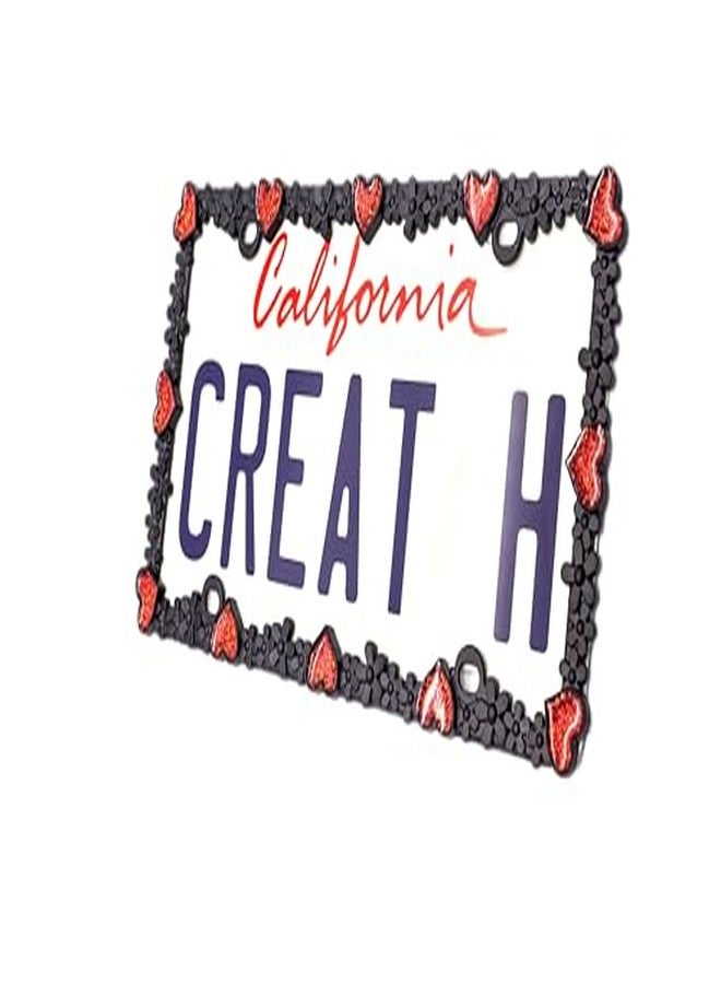 creathome 3D Shining Daisy Heart License Plate Frame from Pure Zinc Alloy Metal Perfect Plate Holder, Matt Black with Red Glitter, Luminously Heart - Image 1