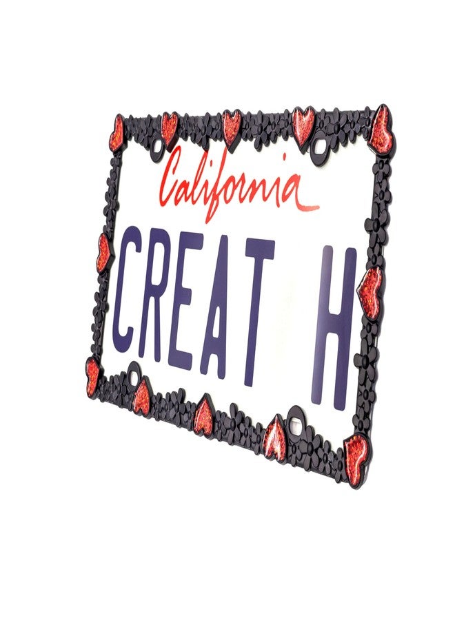 creathome 3D Shining Daisy Heart License Plate Frame from Pure Zinc Alloy Metal Perfect Plate Holder, Matt Black with Red Glitter, Luminously Heart - Image 2