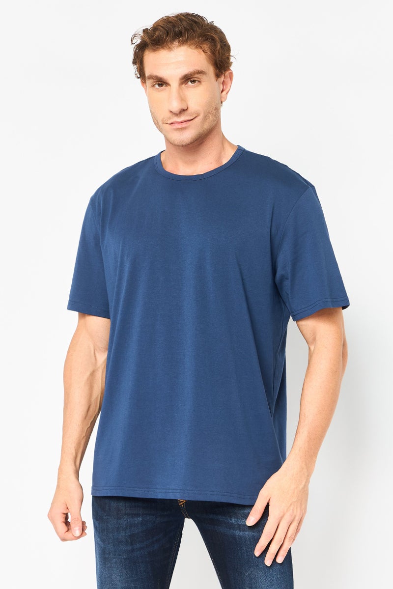 Algspar Men Crew Neck Plain Short Sleeve T-Shirt, Navy - Image 1