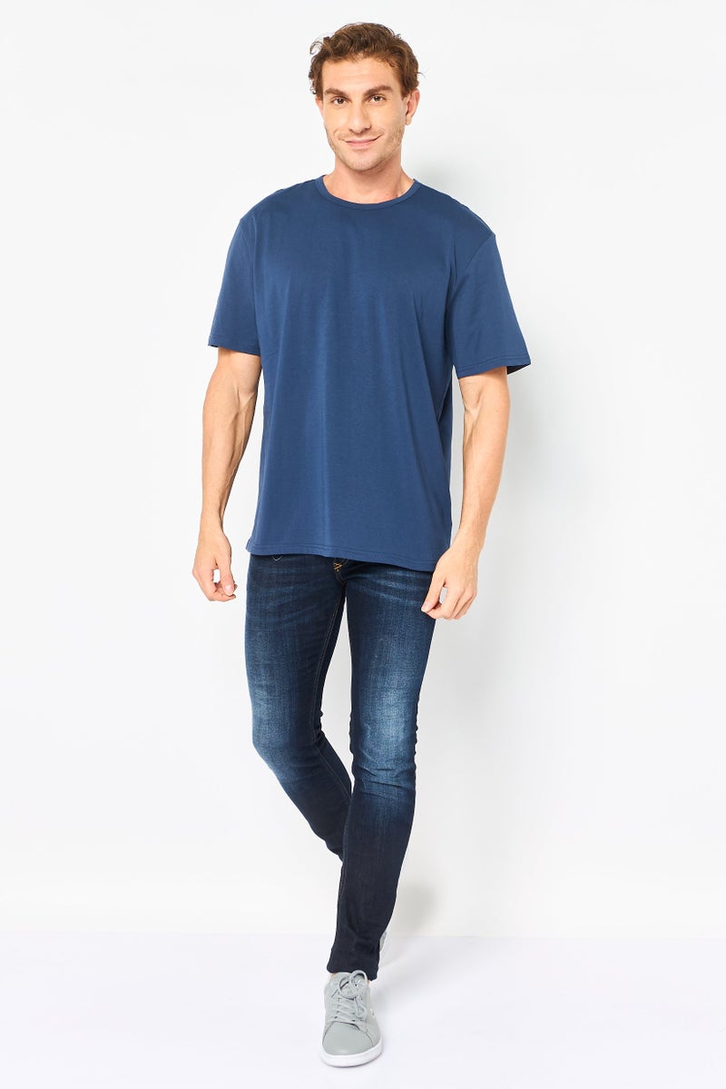 Algspar Men Crew Neck Plain Short Sleeve T-Shirt, Navy - Image 2