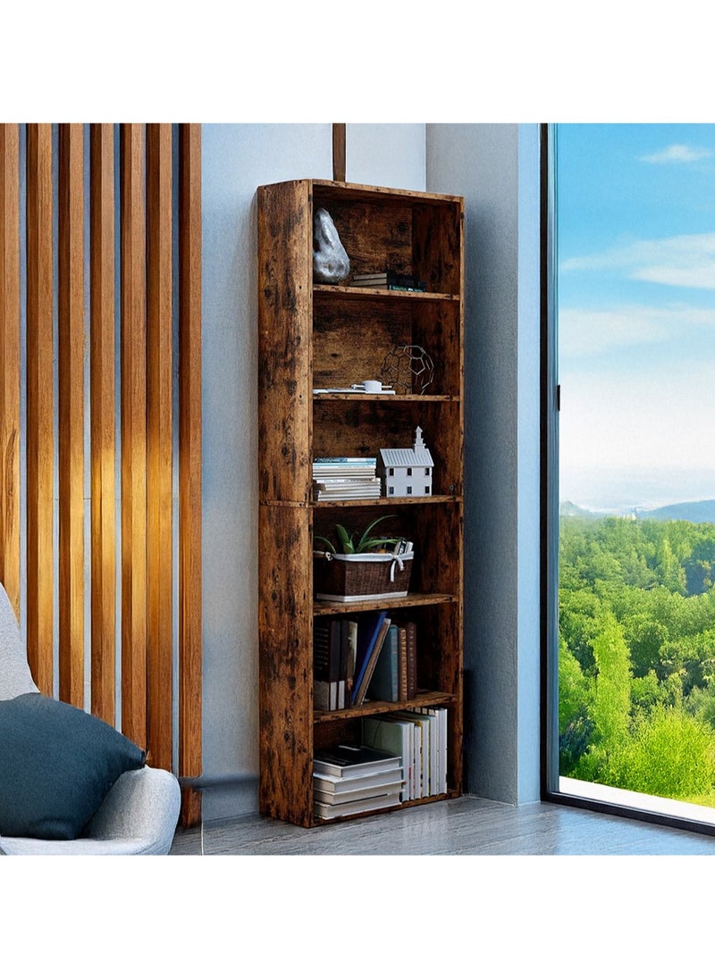 AGD 6-Tier Wooden Bookcase with Modern Simple Design, Open Shelves for Display and Storage, for Books, Antiques, and Decorative Plants, Rustic Brown  - Image 1