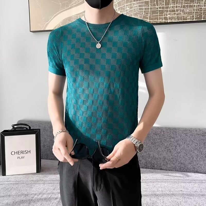 Summer High Quality V-Neck Jacquard Ice Silk T-Shirt Trendy Short Sleeve (Main Promotion Has Discount)-20351-P25 - Image 1