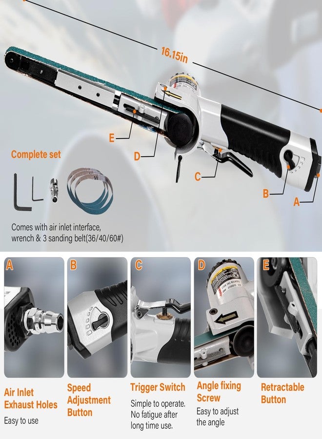 Tezoro 1/2" x 18" Air Belt Sander, Mini Belt Sander for Woodworking/Metal Working Handheld All Angle Grinder Belt Sander with 3 Belts (36/40/60#) Industrial Pneumatic Tool - Image 2