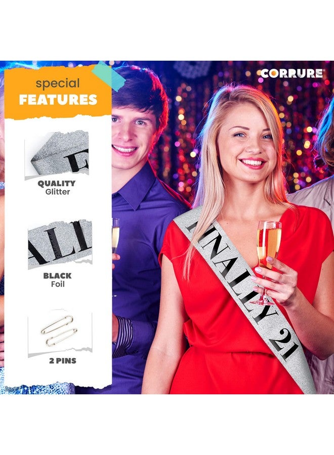 CORRURE 'Finally 21' Birthday Sash With Glitter - Silver Sash with Black Foil 21st Birthday Sash for Men and Women - Ideal Twenty One Sash Party Favors Supplies and Decorations for Your 21 Bday Party - Image 4