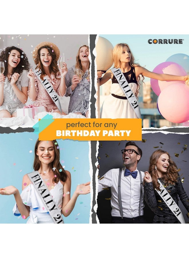 CORRURE 'Finally 21' Birthday Sash With Glitter - Silver Sash with Black Foil 21st Birthday Sash for Men and Women - Ideal Twenty One Sash Party Favors Supplies and Decorations for Your 21 Bday Party - Image 2