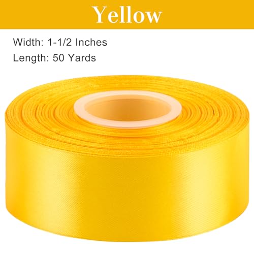 CLUEWR 1-1/2 Inches 50 Yards Yellow Satin Ribbon, Solid Fabric Ribbon Roll for Flower Bouquets, Gift Wrapping, Wedding, Handmade Crafts - Image 2