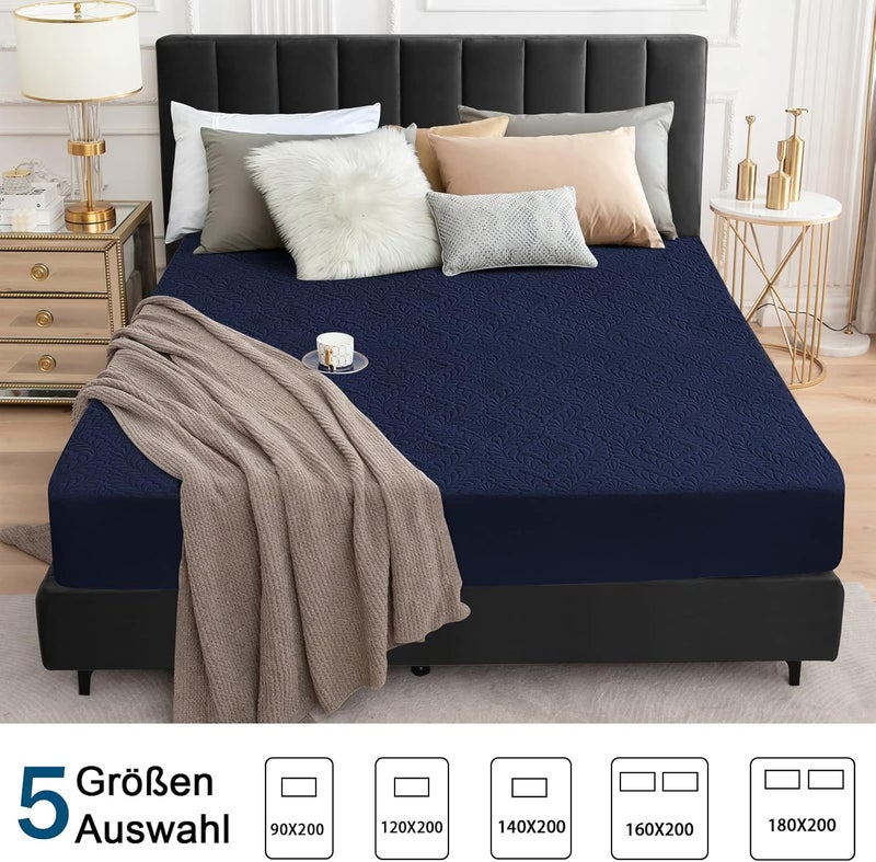Sufdari Waterproof Mattress Protector 160 x 200 cm Fitted Sheet Luxury, 3D Pattern, Super Absorbent, Breathable Mattress Cover, Waterproof Mattress Protection, Moisture Protection, Fitted Sheets - Dark Blue - Image 5