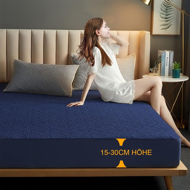Sufdari Waterproof Mattress Protector 160 x 200 cm Fitted Sheet Luxury, 3D Pattern, Super Absorbent, Breathable Mattress Cover, Waterproof Mattress Protection, Moisture Protection, Fitted Sheets - Dark Blue - Image 2