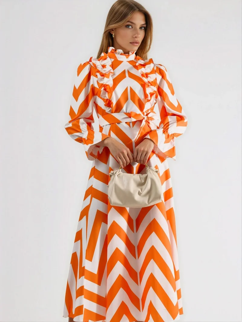 جينيفر Geometric Frilly Maxi Dress with Half Turtleneck