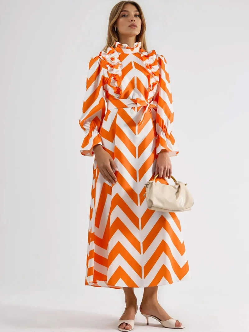 جينيفر Geometric Frilly Maxi Dress with Half Turtleneck