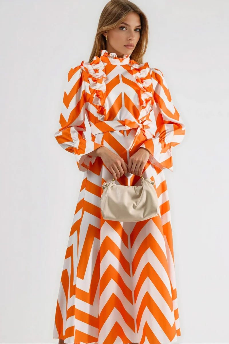 جينيفر Geometric Frilly Maxi Dress with Half Turtleneck