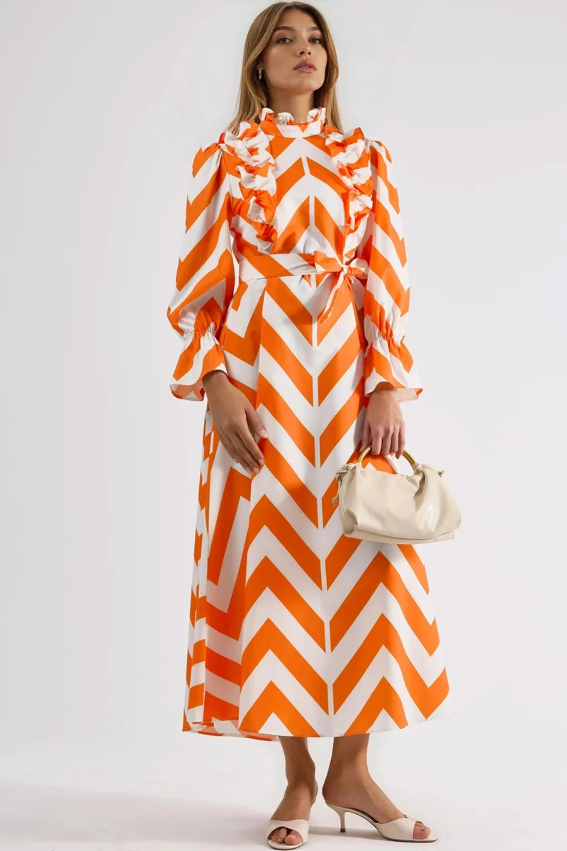 جينيفر Geometric Frilly Maxi Dress with Half Turtleneck