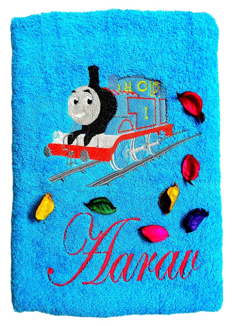 TurtleLittle Cotton Personalised Thomas Train Engine Embroidered Kids Bath Towel 500 GSM Set of 1 Blue - Image 1