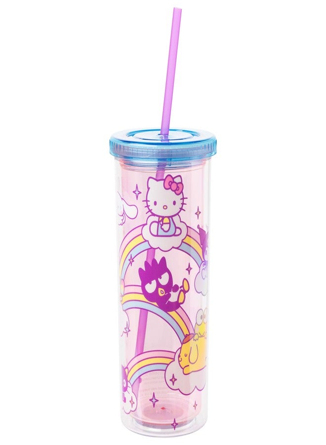 Silver Buffalo Hello Kitty Friends Rainbows and Clouds, Plastic Tall Cold Cup with Lid and Straw, 20 Ounces - Image 1
