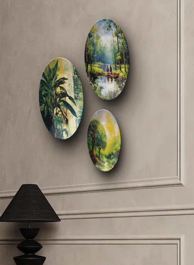 WOODHANG Set of 3 Serene Nature Landscape Ceramic Wall Plates for Living Room Decor|Forest, Lakeside & Abstract Botanical Designs Glossy Finish Wall Hanging Plate for Home, Office, Gifting Decoration - Image 3