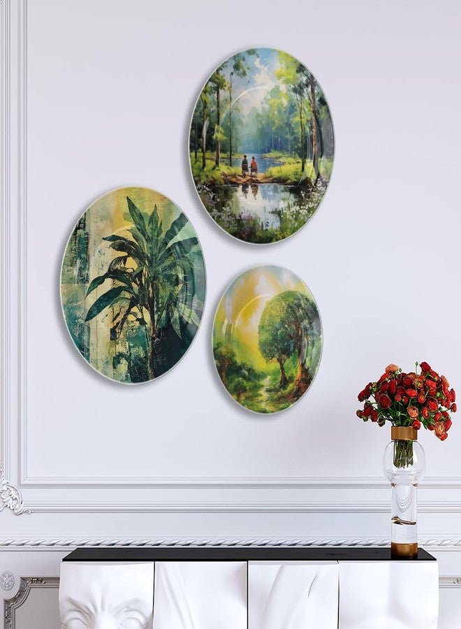WOODHANG Set of 3 Serene Nature Landscape Ceramic Wall Plates for Living Room Decor|Forest, Lakeside & Abstract Botanical Designs Glossy Finish Wall Hanging Plate for Home, Office, Gifting Decoration - Image 1