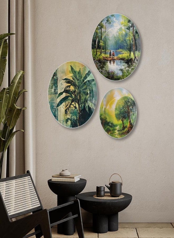 WOODHANG Set of 3 Serene Nature Landscape Ceramic Wall Plates for Living Room Decor|Forest, Lakeside & Abstract Botanical Designs Glossy Finish Wall Hanging Plate for Home, Office, Gifting Decoration - Image 5
