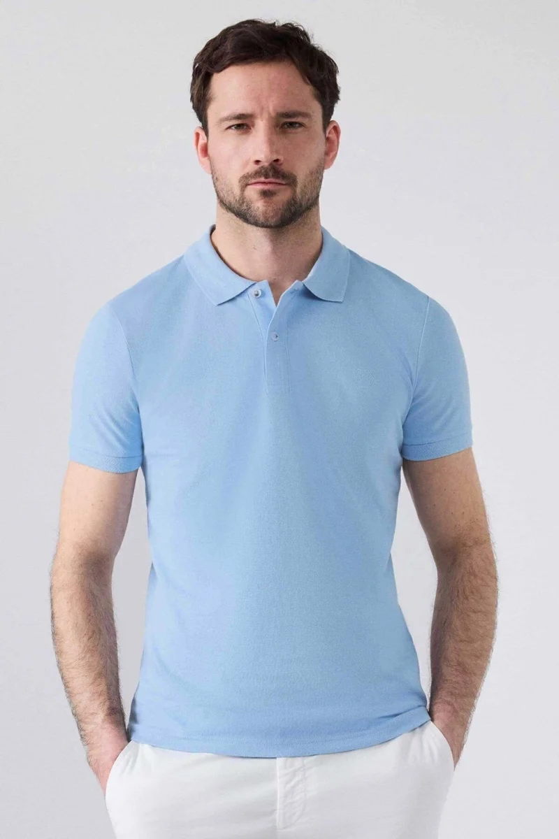 D'S DAMAT Ds Damat Regular Fit Navy Blue/Light Blue/White Pique Textured 100% Cotton Polo Neck T-Shirt 6HC14ORTBN510