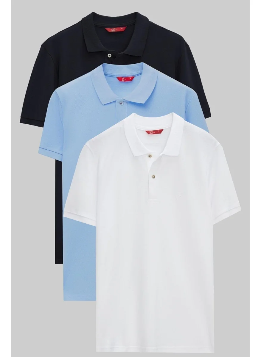 D'S DAMAT Ds Damat Regular Fit Navy Blue/Light Blue/White Pique Textured 100% Cotton Polo Neck T-Shirt 6HC14ORTBN510