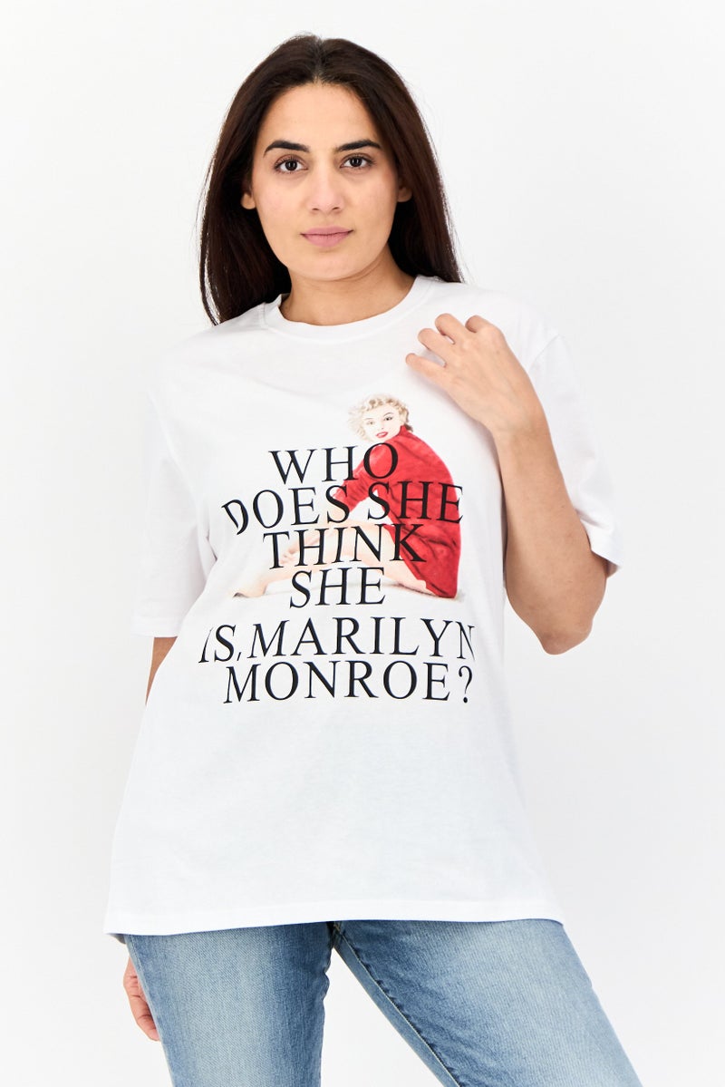 Marlyn Monroe تي شيرت جرافيك بقلنسوة واسعة للنساء، أبيض - Image 1