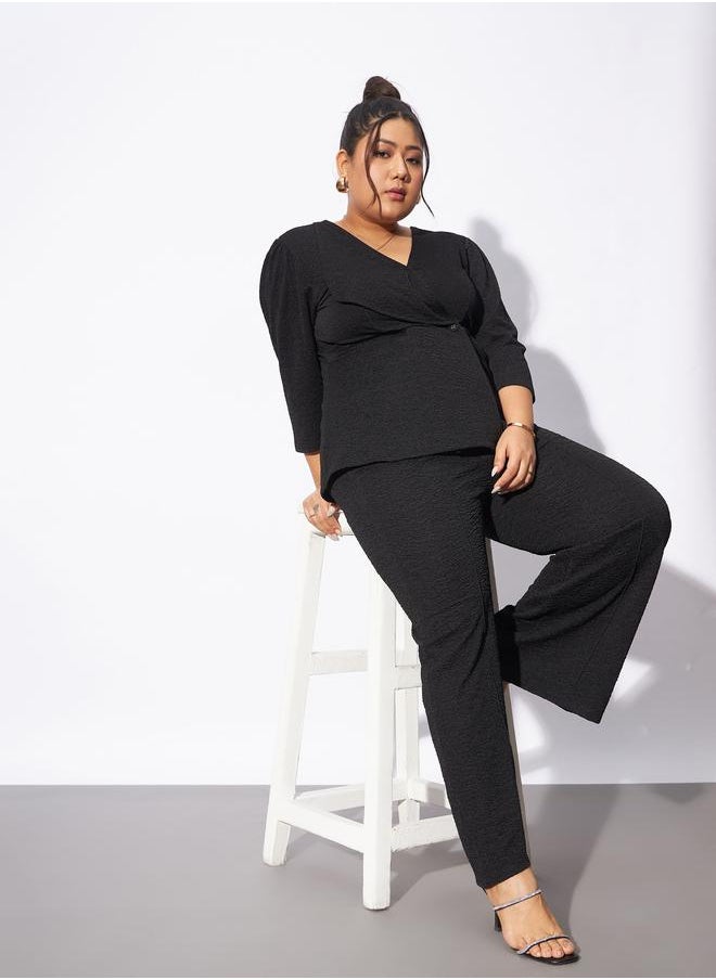 SASSAFRAS - Plus Textured Wrap Top & Straight Pants Co-Ords by Styli - Image 1