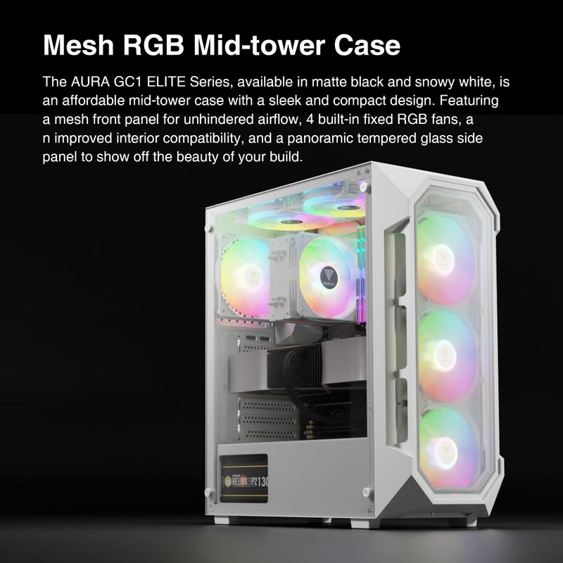 GAMDIAS صندوق كمبيوتر ألعاب GAMDIAS الأبيض ATX Mid Tower مع زجاج مقسى، مزود بـ 4 مراوح ARGB بحجم 120 مم، يدعم حتى 6 مراوح بحجم 120 مم، 360 مم AIO/مبرد، 340 مم GPU/VGA، 160 مم مبرد هواء CPU - Image 2