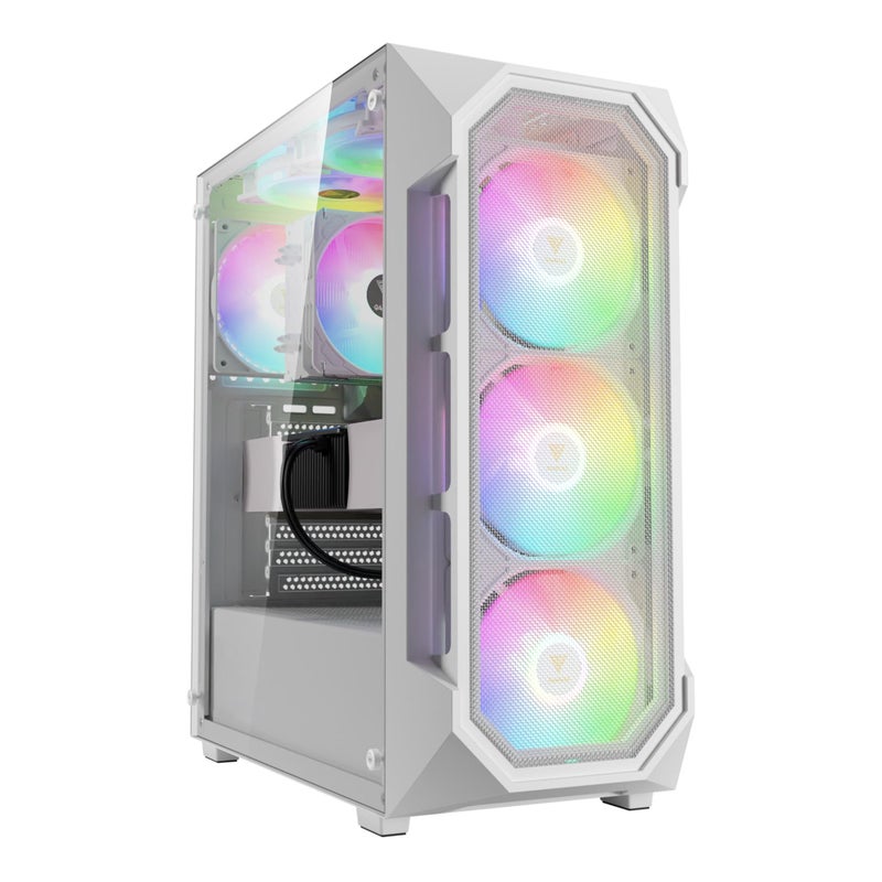 GAMDIAS صندوق كمبيوتر ألعاب GAMDIAS الأبيض ATX Mid Tower مع زجاج مقسى، مزود بـ 4 مراوح ARGB بحجم 120 مم، يدعم حتى 6 مراوح بحجم 120 مم، 360 مم AIO/مبرد، 340 مم GPU/VGA، 160 مم مبرد هواء CPU - Image 1
