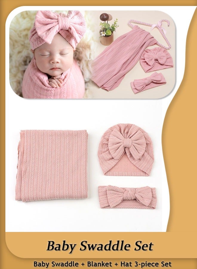 Three-Piece Baby Swaddle Set Newborn Polyester-Cotton Solid Color Hat And Bath Towel Wheat Ear Pattern Blanket Safe Fabric Supports Machine Washing（Pink）  - Image 1