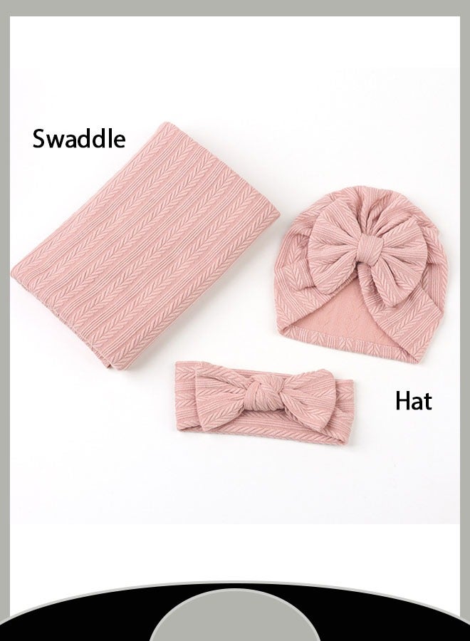 Three-Piece Baby Swaddle Set Newborn Polyester-Cotton Solid Color Hat And Bath Towel Wheat Ear Pattern Blanket Safe Fabric Supports Machine Washing（Pink）  - Image 5