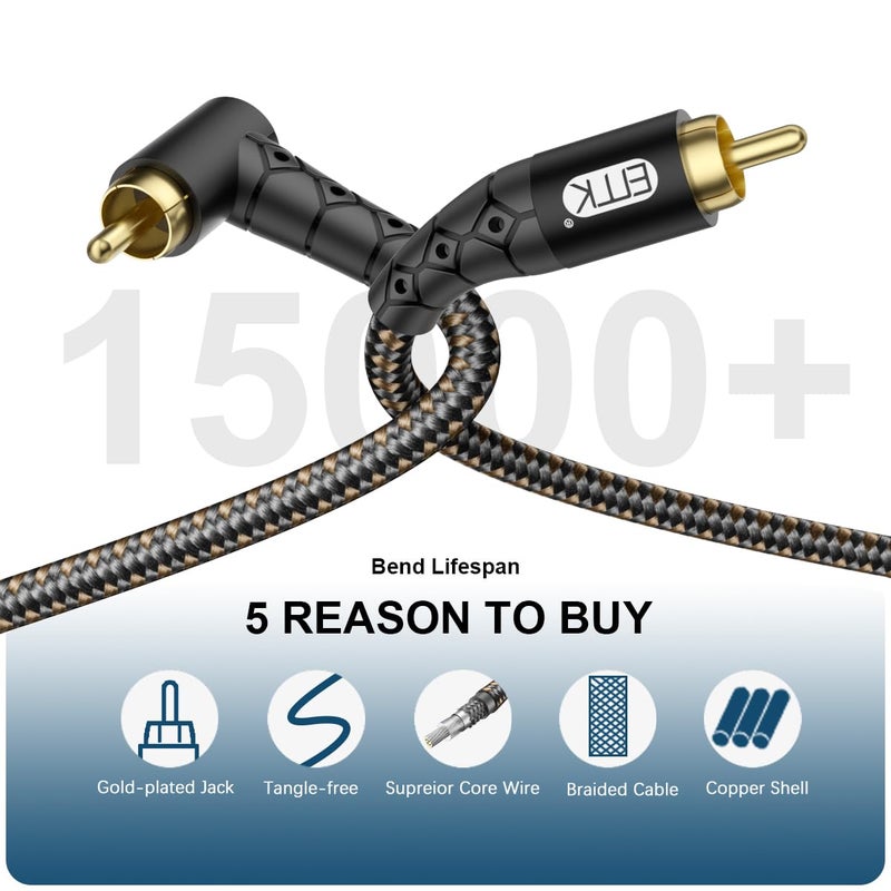 EMK 90 Degree RCA Subwoofer Cable 24K Gold-Plated Connector Nylon Braided Double Shielded â€“ Support Digital & Analog Signals for Amplifier, Home Theater, Hi-Fi System,Subwoofer Black/10ft/3m - Image 5