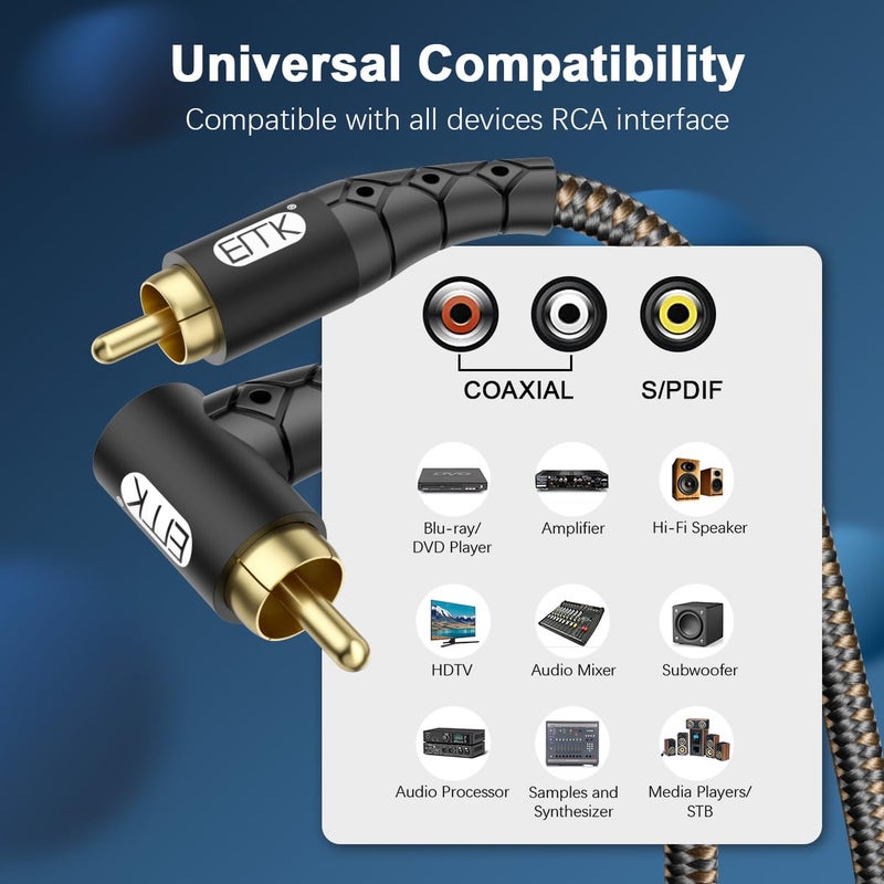 EMK 90 Degree RCA Subwoofer Cable 24K Gold-Plated Connector Nylon Braided Double Shielded â€“ Support Digital & Analog Signals for Amplifier, Home Theater, Hi-Fi System,Subwoofer Black/10ft/3m - Image 2