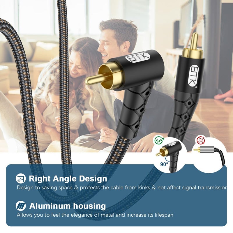 EMK 90 Degree RCA Subwoofer Cable 24K Gold-Plated Connector Nylon Braided Double Shielded â€“ Support Digital & Analog Signals for Amplifier, Home Theater, Hi-Fi System,Subwoofer Black/10ft/3m - Image 4