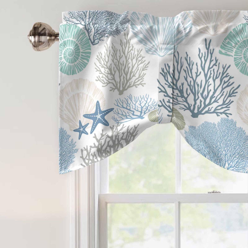 LooPoP Tie Up Valance for Windows Nautical Coastal Ocean Coral Curtains Valances Rod Pocket Valance Window Treatments Beach Themed Blue Teal Balloon Curtains for Kitchen Living Room Bedroom Bathroom 42x12 - Image 5