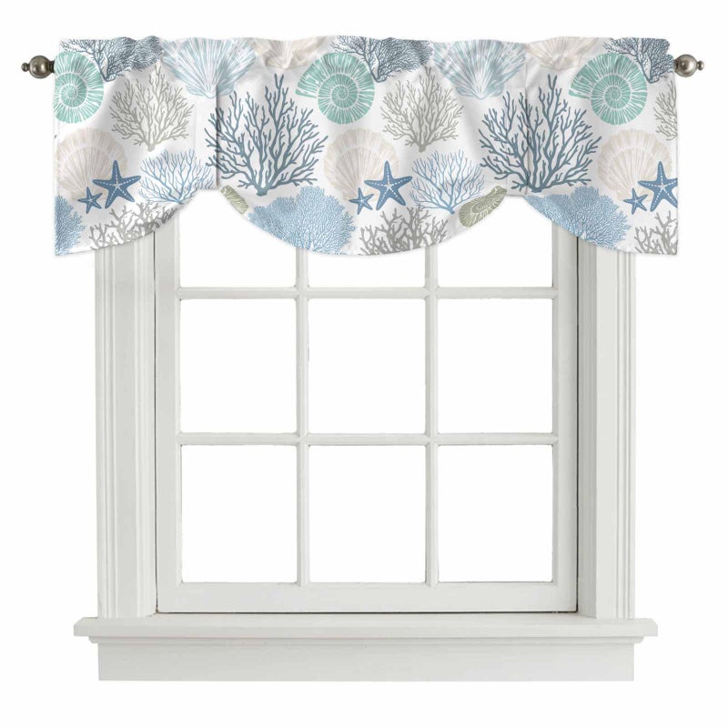 LooPoP Tie Up Valance for Windows Nautical Coastal Ocean Coral Curtains Valances Rod Pocket Valance Window Treatments Beach Themed Blue Teal Balloon Curtains for Kitchen Living Room Bedroom Bathroom 42x12 - Image 1