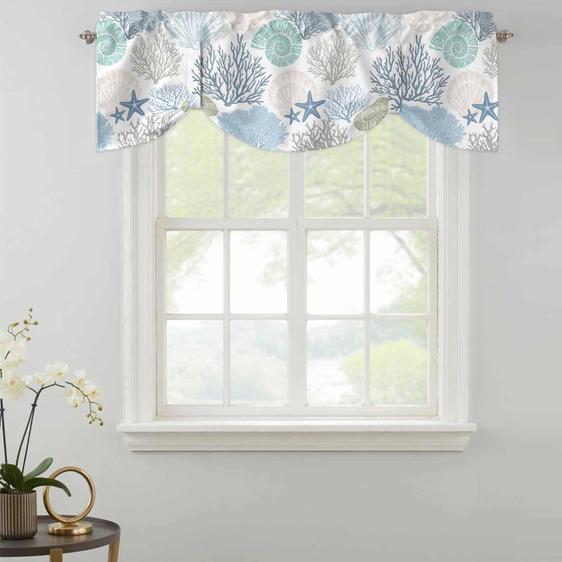 LooPoP Tie Up Valance for Windows Nautical Coastal Ocean Coral Curtains Valances Rod Pocket Valance Window Treatments Beach Themed Blue Teal Balloon Curtains for Kitchen Living Room Bedroom Bathroom 42x12 - Image 3