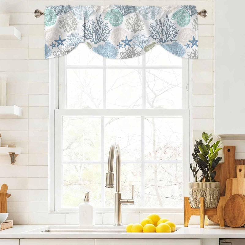 LooPoP Tie Up Valance for Windows Nautical Coastal Ocean Coral Curtains Valances Rod Pocket Valance Window Treatments Beach Themed Blue Teal Balloon Curtains for Kitchen Living Room Bedroom Bathroom 42x12 - Image 2