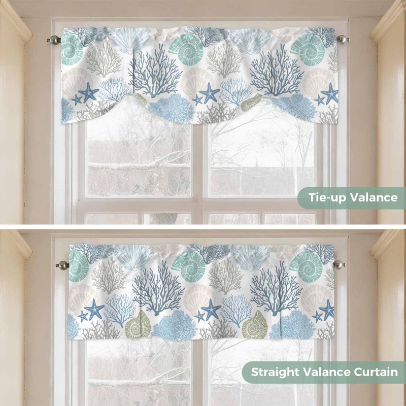 LooPoP Tie Up Valance for Windows Nautical Coastal Ocean Coral Curtains Valances Rod Pocket Valance Window Treatments Beach Themed Blue Teal Balloon Curtains for Kitchen Living Room Bedroom Bathroom 42x12 - Image 4