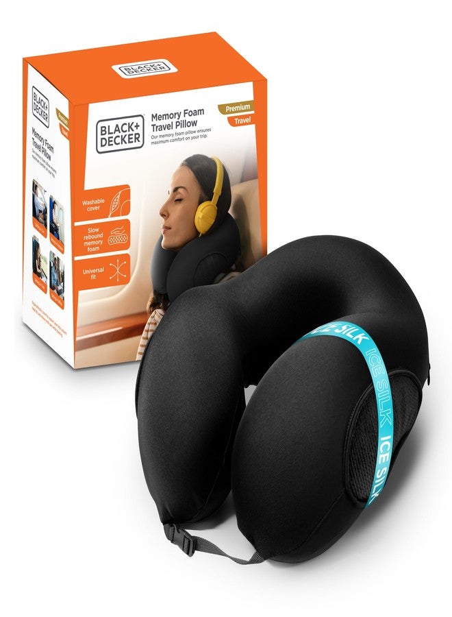BLACK+DECKER Memory Foam Travel Neck Pillow Travel Pillow for Plane, Car & Train| Ice Silk Cooling Fabric, Ergonomic Design, Neck Support, Washable Cover,Black - Image 1