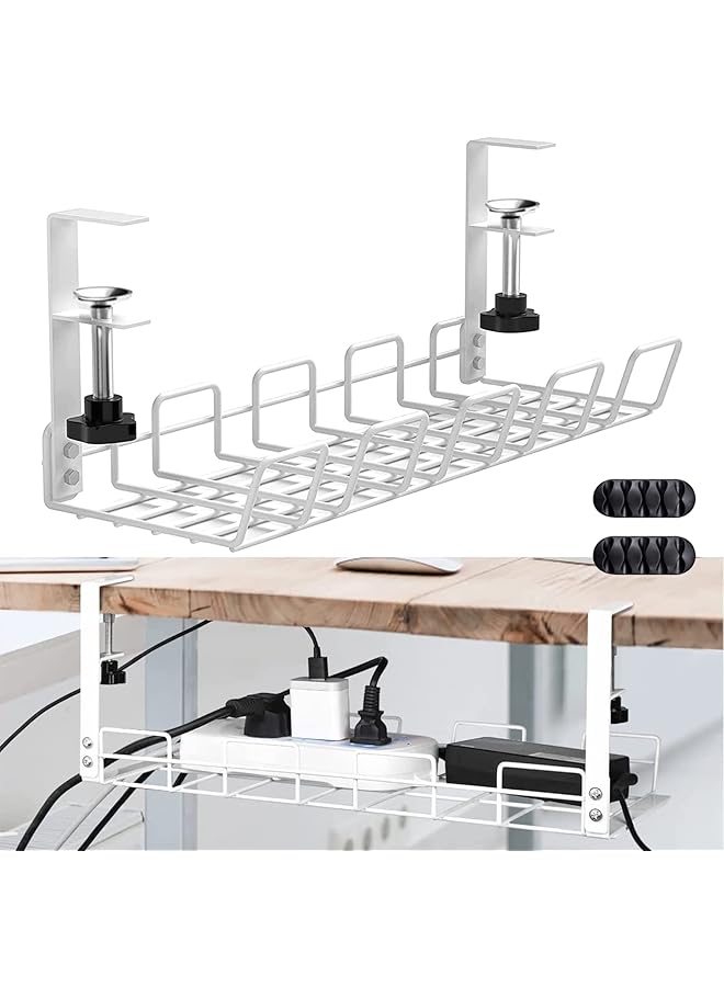 Green Tiger Under Desk Cable Management Tray, 40cm No Drill Cable Tray with Clamp for Desk Wire Management for Office, Home - No Damage to Desk (White) - Image 1
