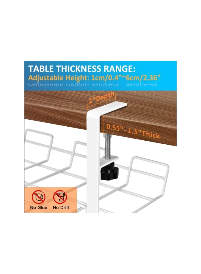 Green Tiger Under Desk Cable Management Tray, 40cm No Drill Cable Tray with Clamp for Desk Wire Management for Office, Home - No Damage to Desk (White) - Image 3