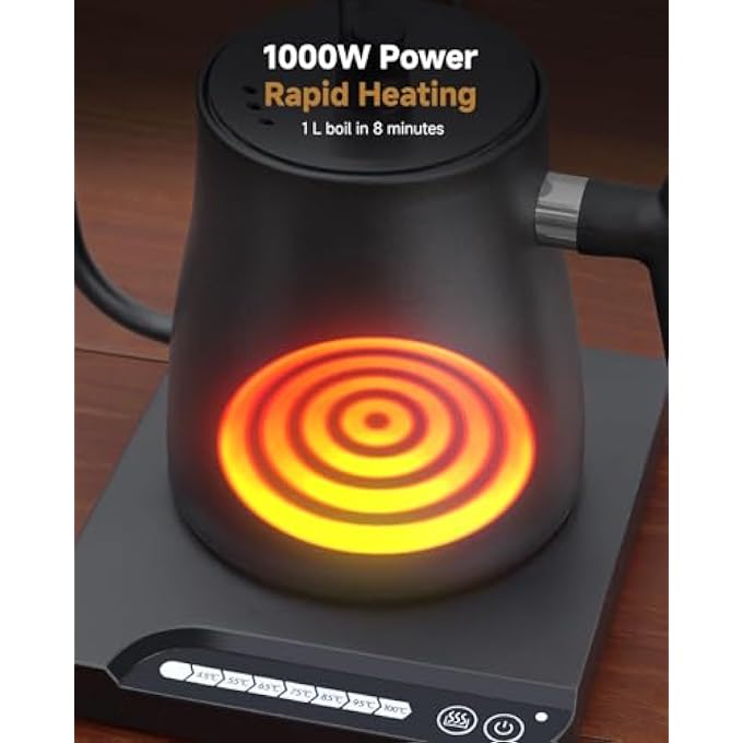 FDTY غلايات كهربائية غلاية كهربائية Gooseneck مع 7 مستويات للتحكم في درجة الحرارة، سعة 1 لتر، مصنوعة من الفولاذ المقاوم للصدأ، 1000 واط، تسخين سريع - Image 4