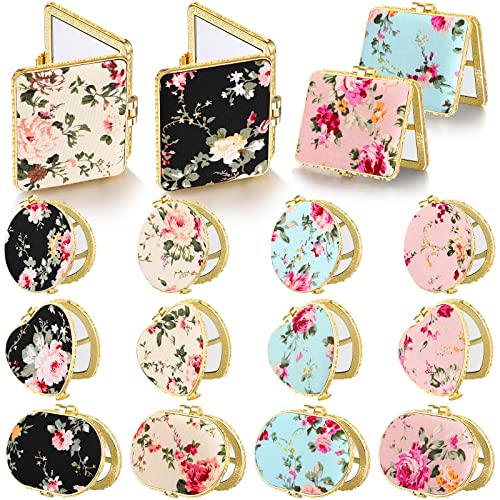 Blulu 16 Pcs Compact Mirrors for Purse Bulk Small Flower Pocket Mirror Vintage Portable Floral Folding Tea Party Favors Return Gifts for Women Christmas Birthday Wedding Makeup Travel(Gold Edge) - Image 1